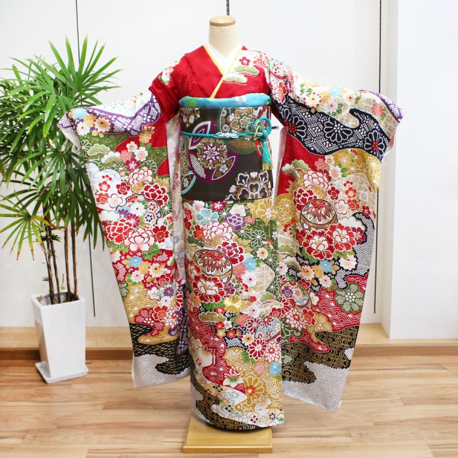 振袖新品未仕立て仮絵羽桜鞠金糸型染め友禅黒ブラック在庫保管品