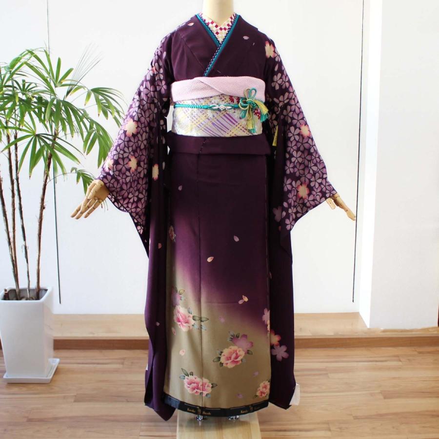 振袖 正絹 格安 新品 仮絵羽 生地 単品 未仕立て品 紫 桜 パープル
