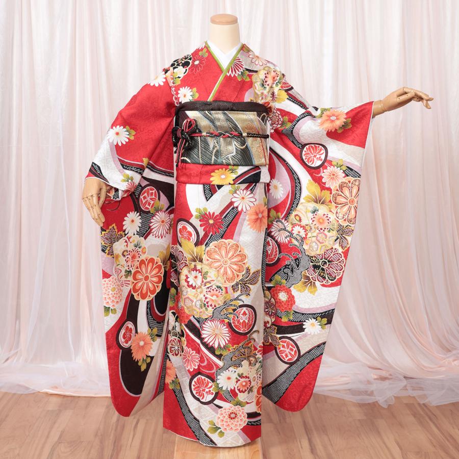 振袖レンタル 成人式 フルセット 1月 赤 格安 古典 個性的 菊 身長162