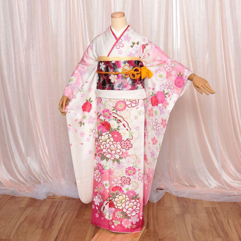 振袖レンタル 成人式 フルセット 1月 振袖 レンタル 白 ピンク 桜 牡丹