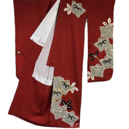 値下げ☆ 中古 振袖 仕立て上がり 赤 えんじ色 NO.B12 値下げ☆ 中古