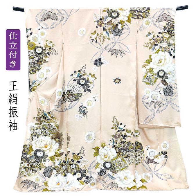 仕立付き 正絹振袖 フルセット32点 マロンベージュ色 f-188 成人式 帯