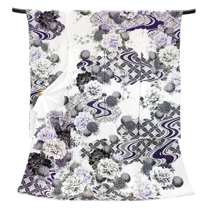 セール】 仕立付き 正絹振袖 フルセット32点 白色 くすみ色 花柄 絹100