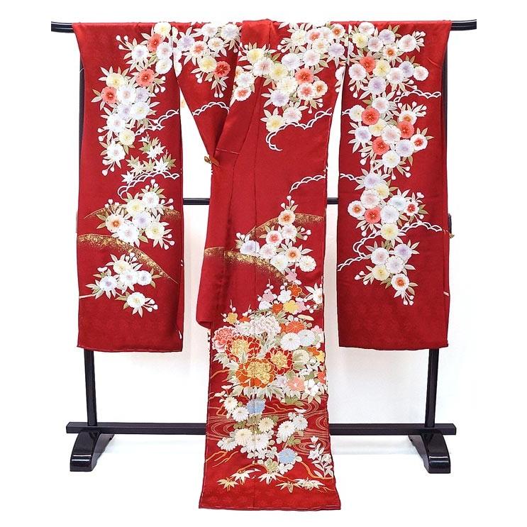 特選品 手刺繍振袖 仕立付き 四季花文 赤色 f-784 尾峨佐染繍 古典柄