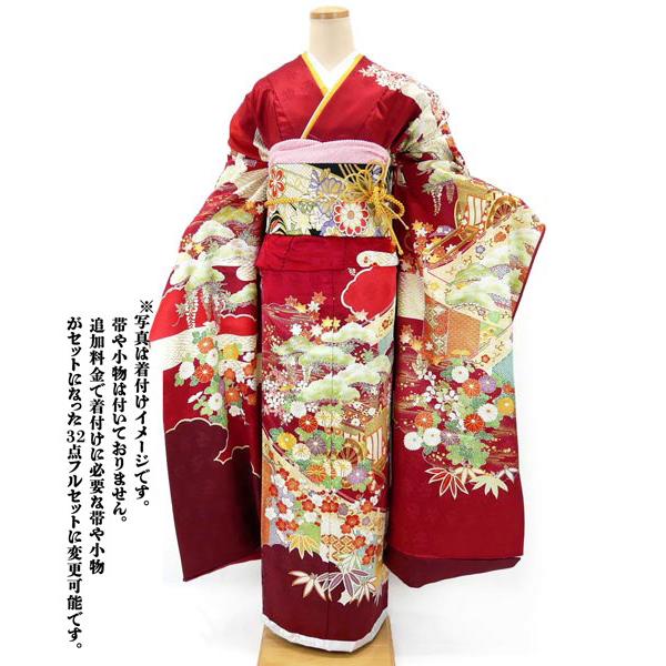 決算セール 吉澤友禅 新品正絹振袖 手縫い仕立付き 吾妻徳穂 赤 御所車