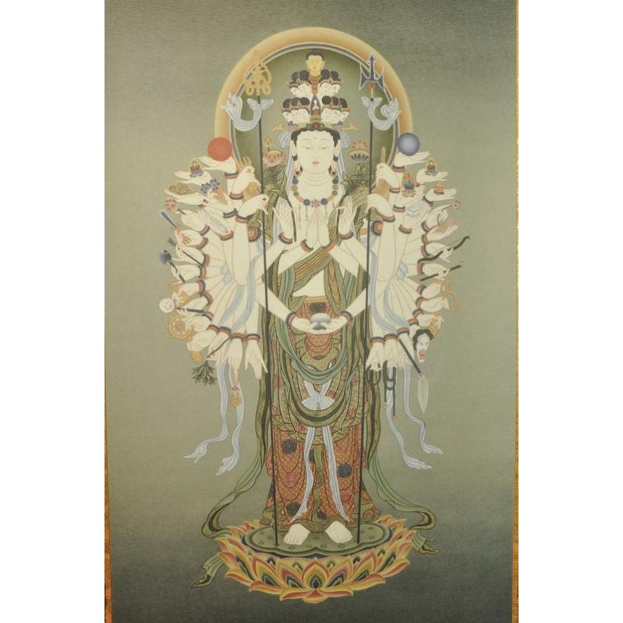 宝石 仏画「千手観音」額装 仏画 仏絵 F 宝石 仏画「千手観音」額装