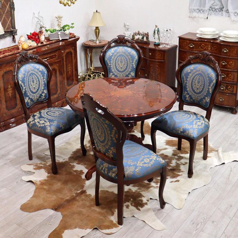 ○イタリア製 象嵌 ダイニング テーブル 5点セット 4人用 ロココ調