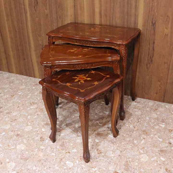 イタリア ネストテーブル 3個 テーブル 花台 茶 象嵌 猫脚 完成品