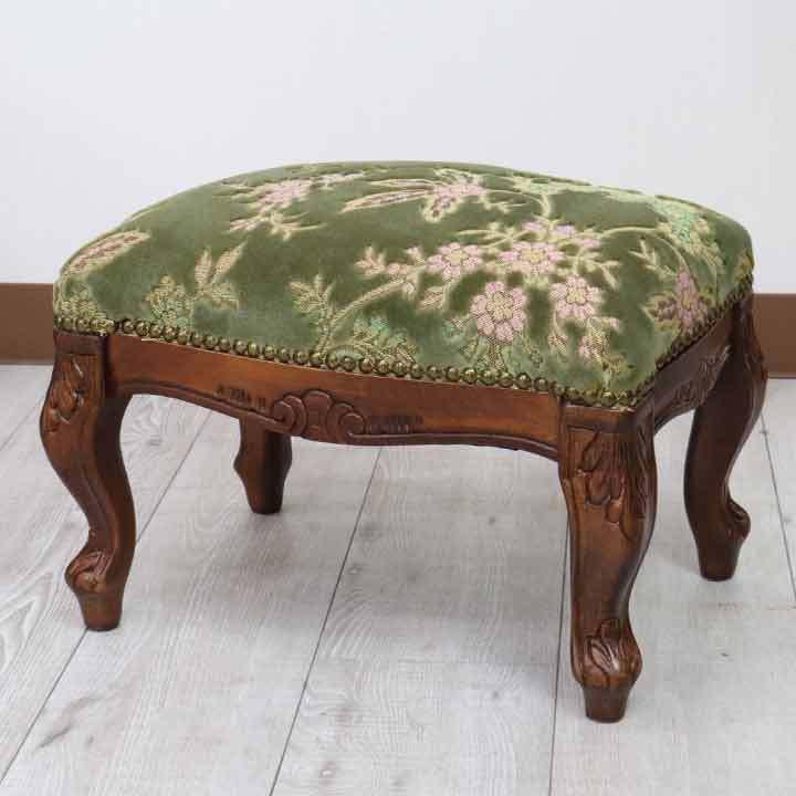 フランスアンティーク 花柄刺繍シャビーなフットスツールデコラティブ