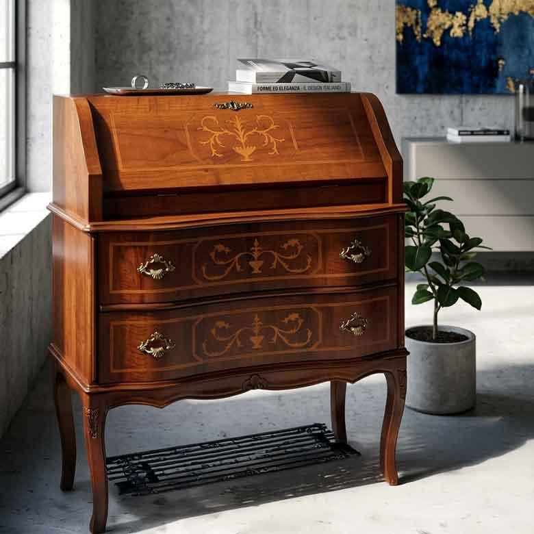 高級アンティーク ライティングビューロー チェスト 鍵付き 象嵌 猫脚