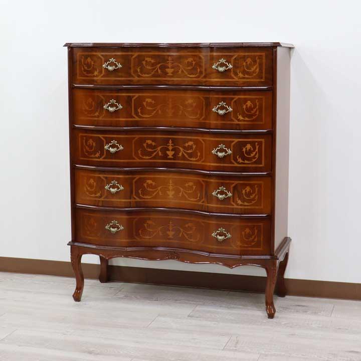 イタリア 5段 チェスト 茶 87cm 象嵌 ロココ調 家具 猫脚 完成品