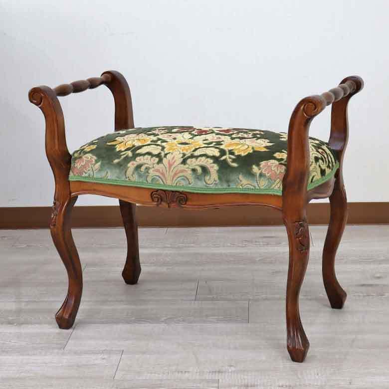 肘付きスツール おしゃれ 金華山グリーン 木製 ベンチ 猫脚 イタリア