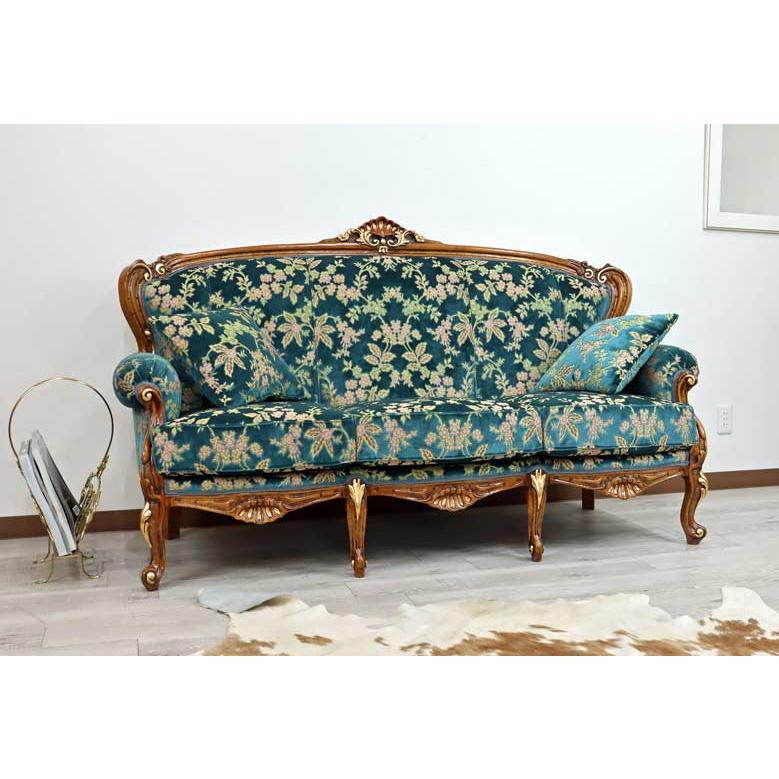 イタリア 3Pソファ 金華山・ブルー 3P アンティーク 家具 猫脚 3人がけ