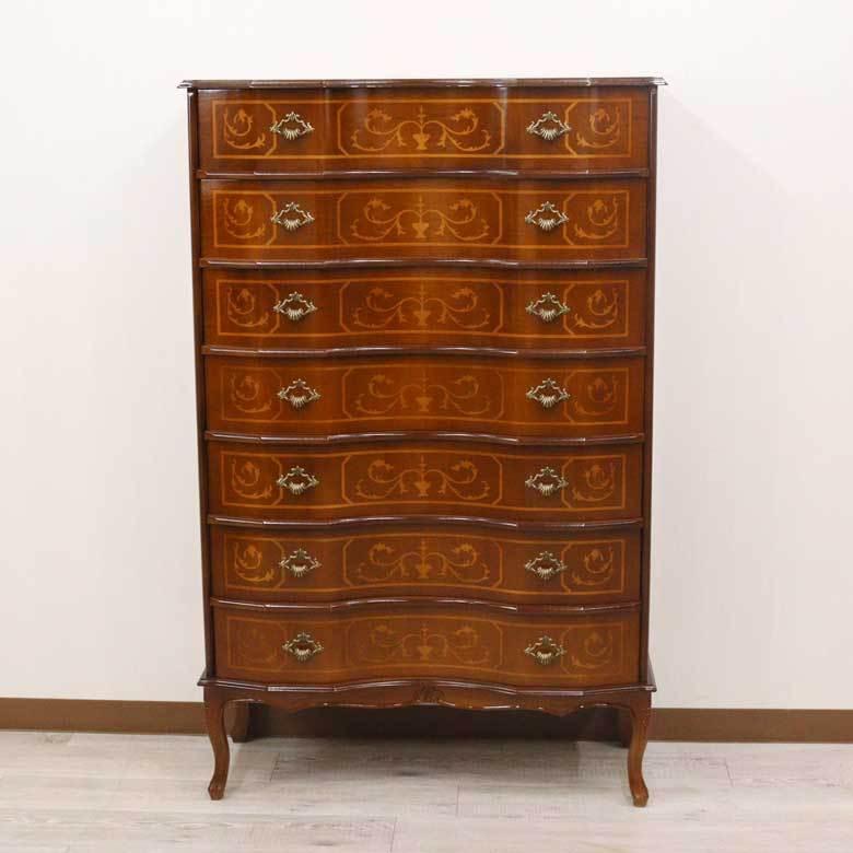 イタリア 7段 チェスト 茶 87cm 象嵌 ロココ調 家具 猫脚 丸脚 完成品