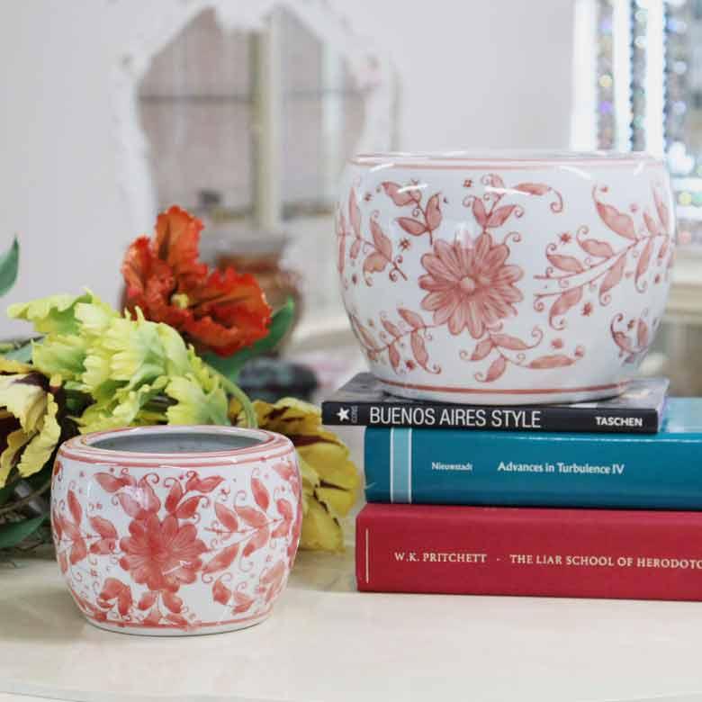 水鉢 ピンク 花柄 7号 シノワズリ ミニ火鉢 鉢カバー プランターカバー