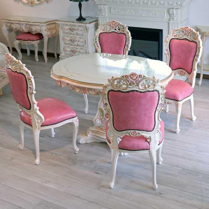 ロココ調 ダイニングテーブル5点セット 120cm 本皮 ピンク チェア