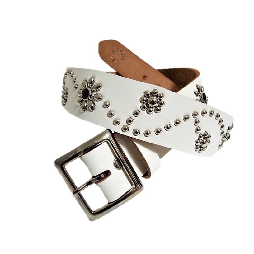 栃木レザー フラワー型 スタッズベルト 白 パープルスポッツ 日本製 一