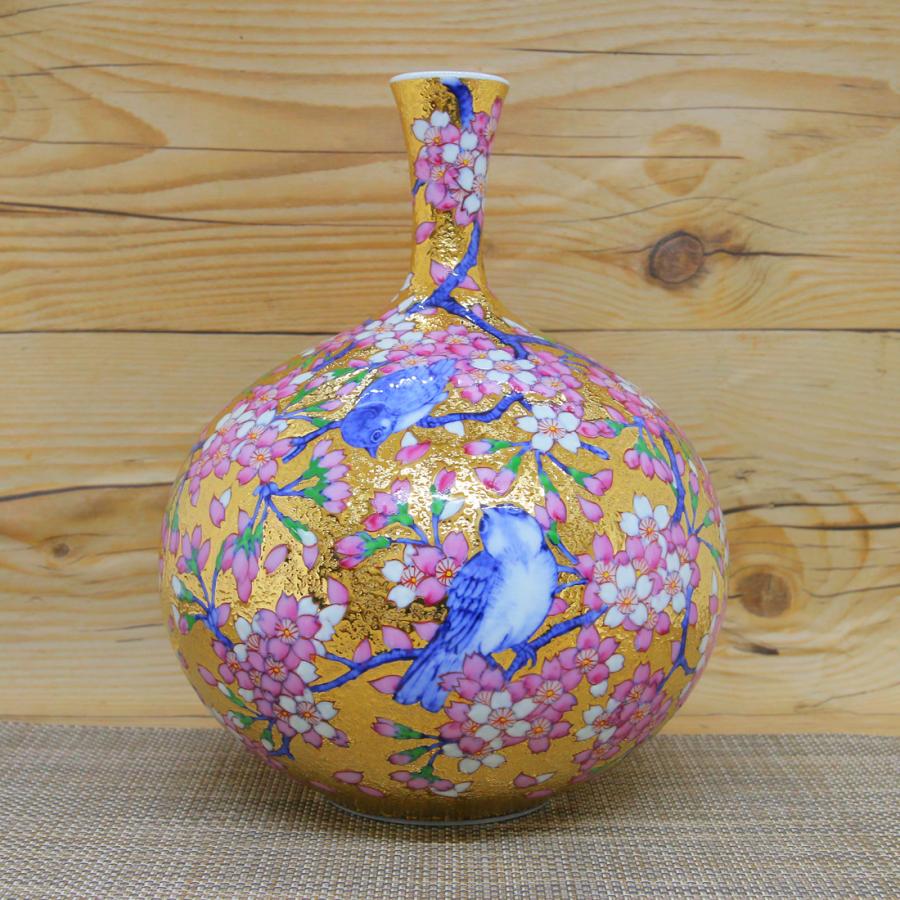 花瓶 金龍窯 有田焼 古伊万里 伝統工芸士 江口天童作 金彩桜花鳥図鶴首