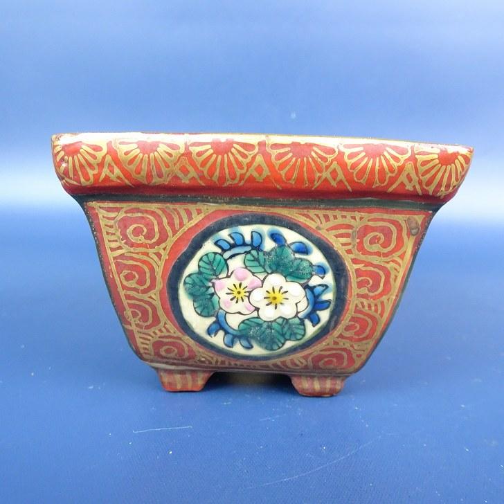 中古】盆栽鉢 九谷 庄三 小鉢 長辺 約7cm 正方鉢 色絵 花 松 鳥 人物