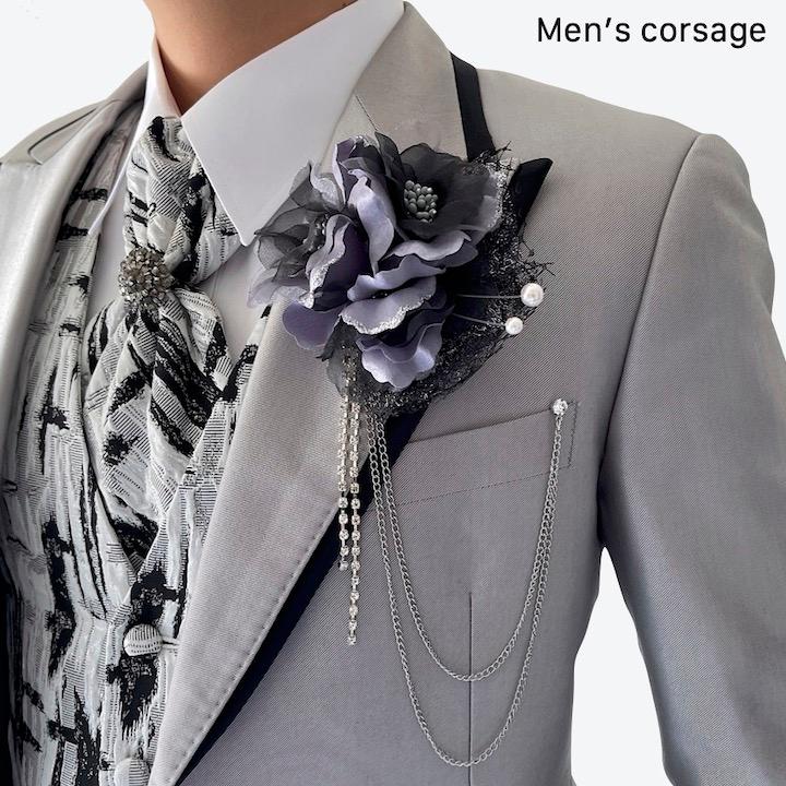 コサージュ 男性用 グレー メンズ ストーン チェーン ブローチ 結婚式