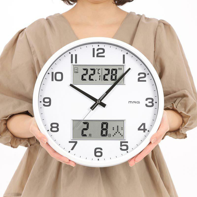 ノア精密 時計 温湿度計 カレンダー 連続秒針 掛け時計 W-766 デジアナ