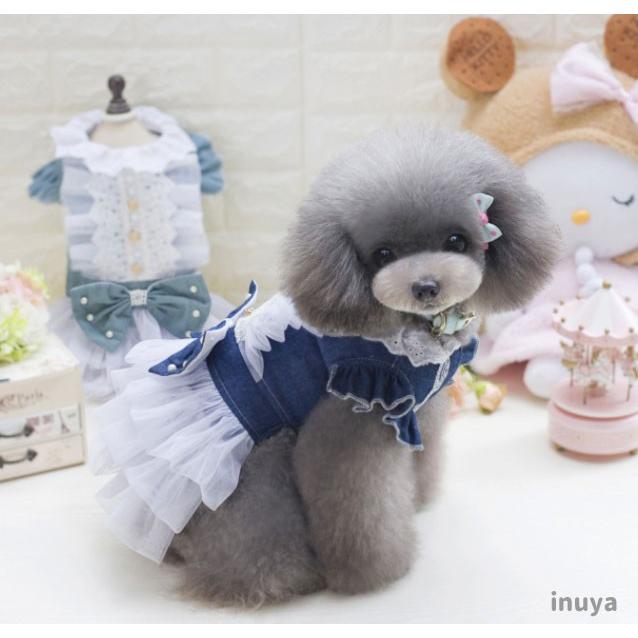 犬服 （ワンピース ドレス デニム リボン） かわいい フリフリ
