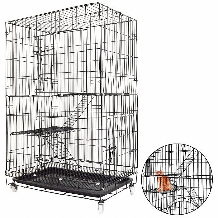 Lサイズ 3段 猫 キャットケージ キャスター付 ペット ゲージ ブラック