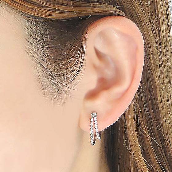 Pt900 0.34ctUP 中折れ ダイヤモンド ダブルフープ ピアス 送料無料