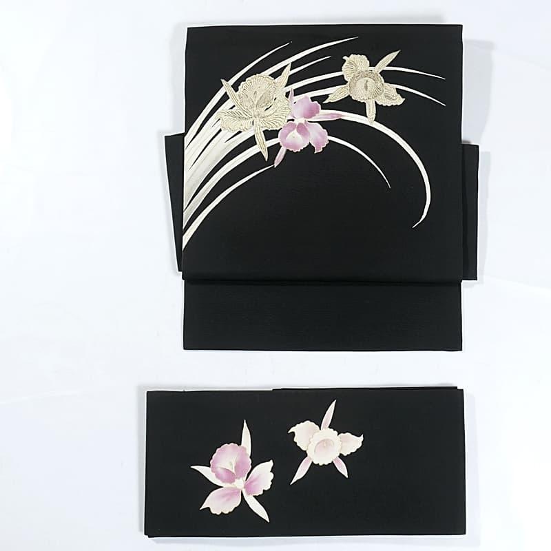 名古屋帯 作り帯 付帯 造り帯 二部式帯 胡蝶蘭 塩瀬 染帯 黒