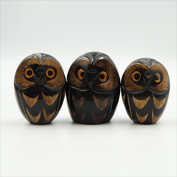 牛角製 ふくろう置物 小 縁起物 フクロウ 梟 不苦労 風水 手彫り 水牛
