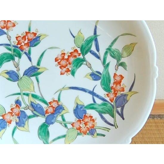 飾り皿 有田焼 色絵つゆ草 尺2寸 37cm 皿立て スタンド付 木箱入り