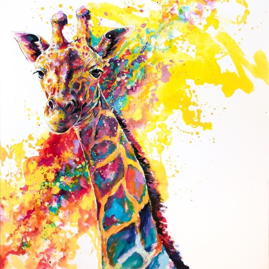 Re】油絵 原画 一点物 動物 キリン イエロー スタイリッシュ M8 絵画