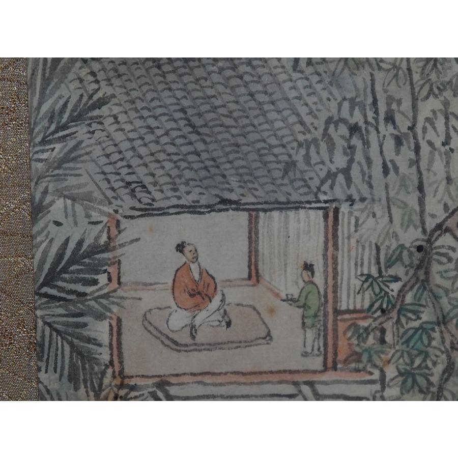 真作】 掛け軸 謝友生 中国 【彩色山水図】 ≪倣恵崇 水村図≫ 清時代