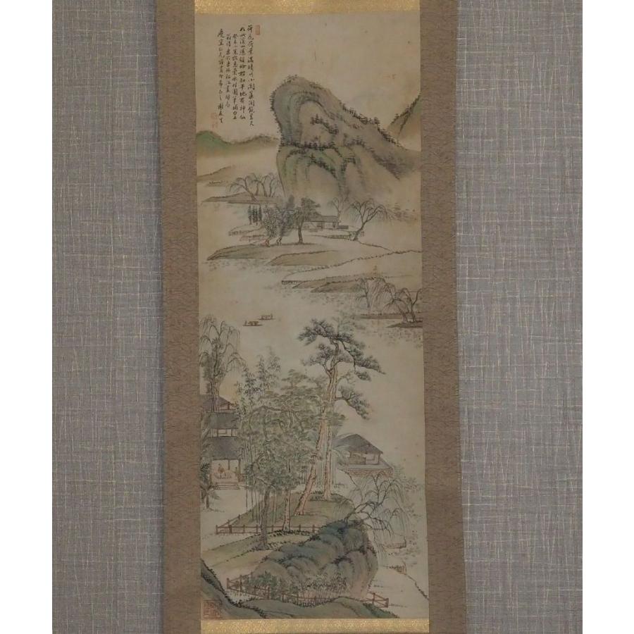 真作】 掛け軸 謝友生 中国 【彩色山水図】 ≪倣恵崇 水村図≫ 清時代