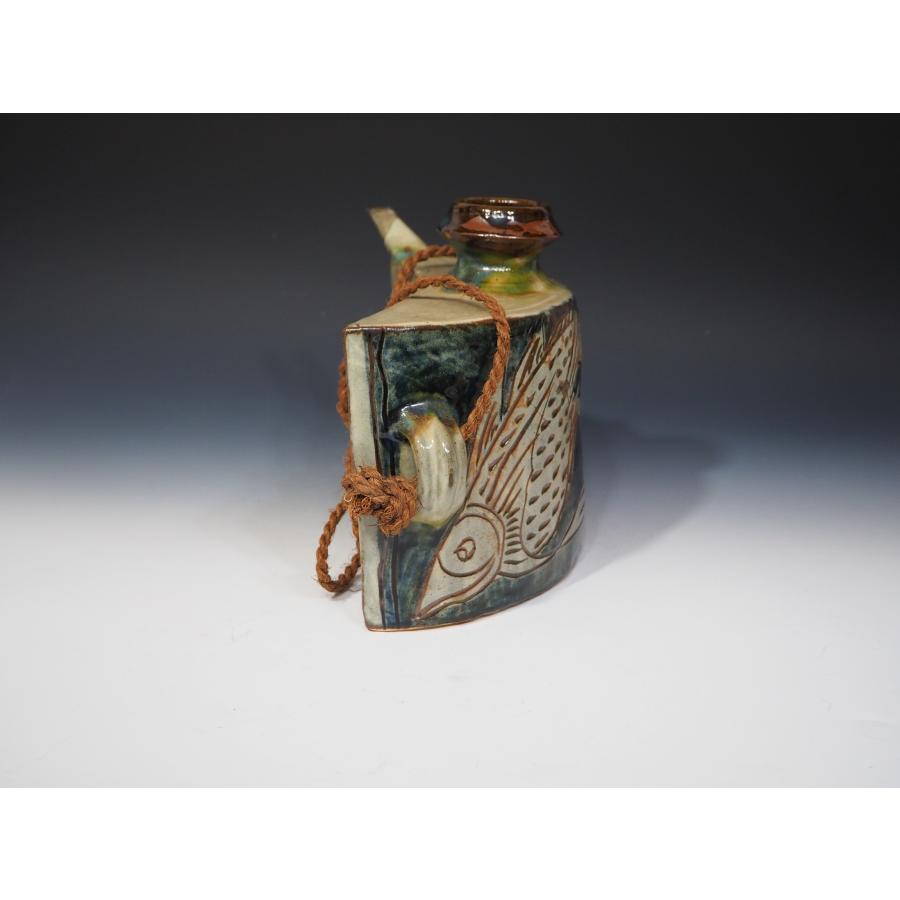 金城次郎 魚紋抱瓶【大作】 壺屋焼 ≪人間国宝≫ 共箱 縄紐 沖縄 未