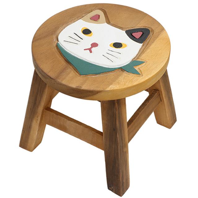 ウッドスツール ネコ顔 ラウンドスツール スカーフネコ 木製 黒猫