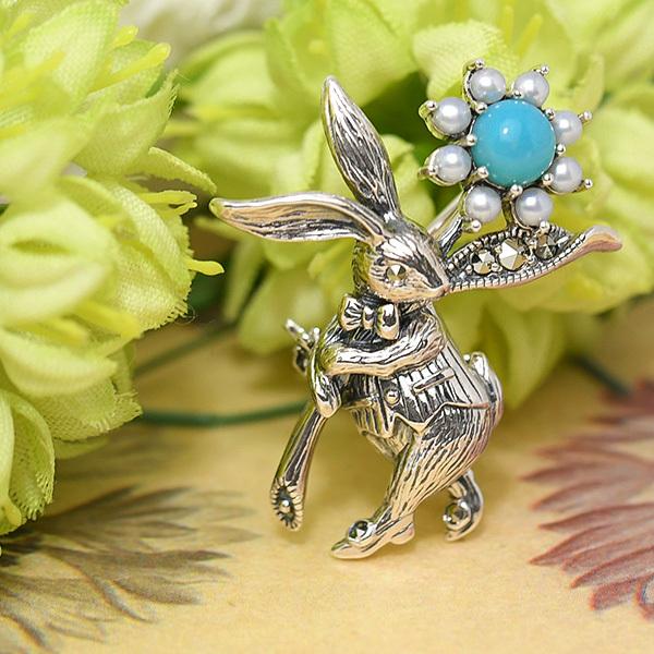 碌山 925 トルコ石 シードパール マーカサイト ブローチ ペンダント