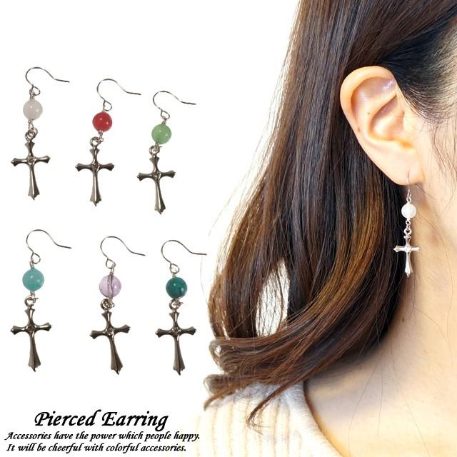 ピアス 十字架 クロス 天然石 パワーストーン クォーツ アメジスト