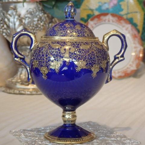 オールドノリタケ 金盛藍線帯華装飾紋 メイプルリーフ印 ペディスタル