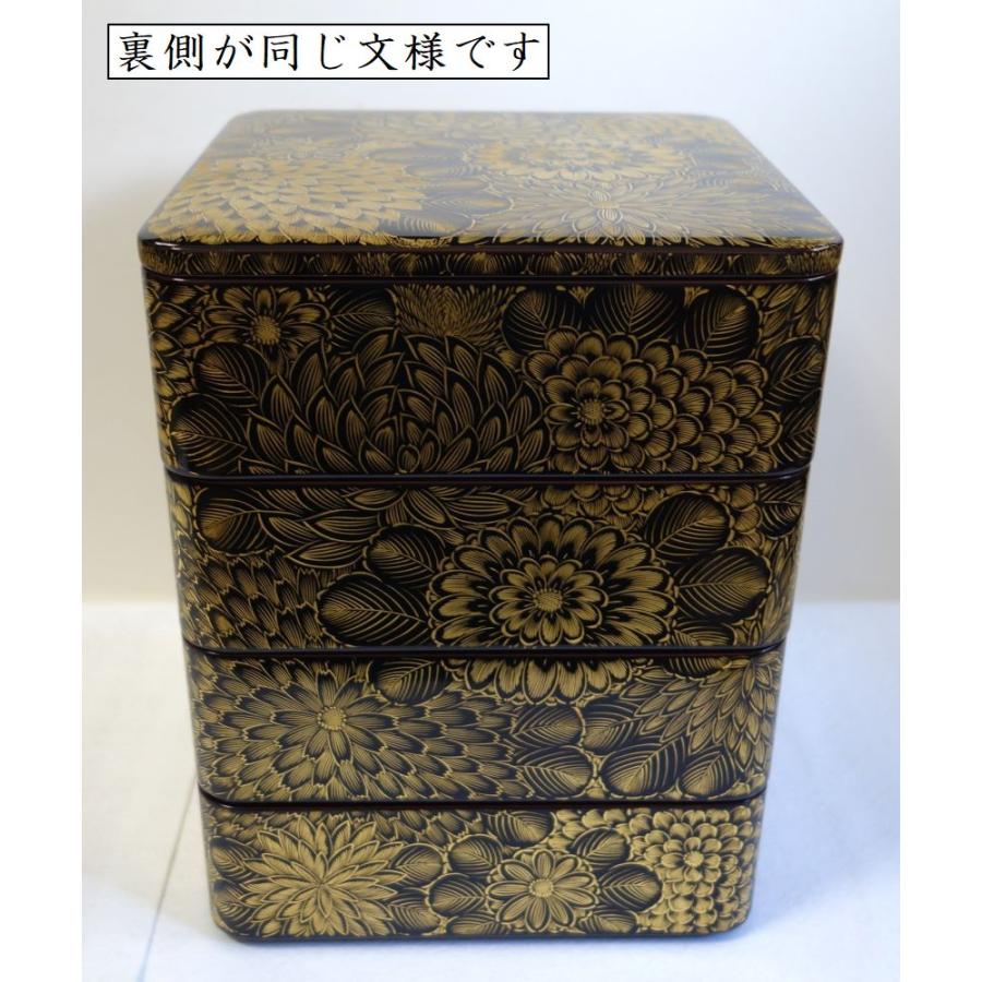 輪島塗 沈金菊文様 四段重箱 未使用 金ぴか 布着せ 本堅地 正月 祝膳