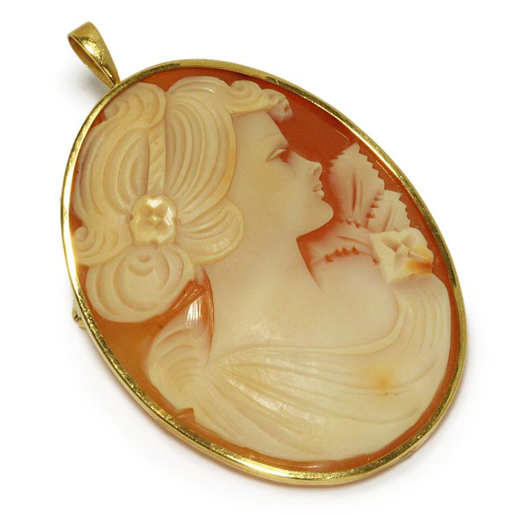 K18 メノウ カメオ ブローチ ペンダントトップ 女性の横顔