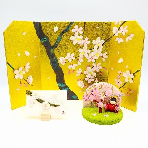 屏風 コンパクト ちりめん 小さい 手作り / 金屏風 桜花図 置物 押絵