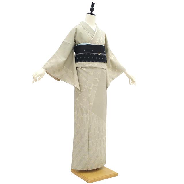 御召 訪問着 着物 未使用 正絹 お召 袷 ベージュ 雪輪 太小間道 亀甲