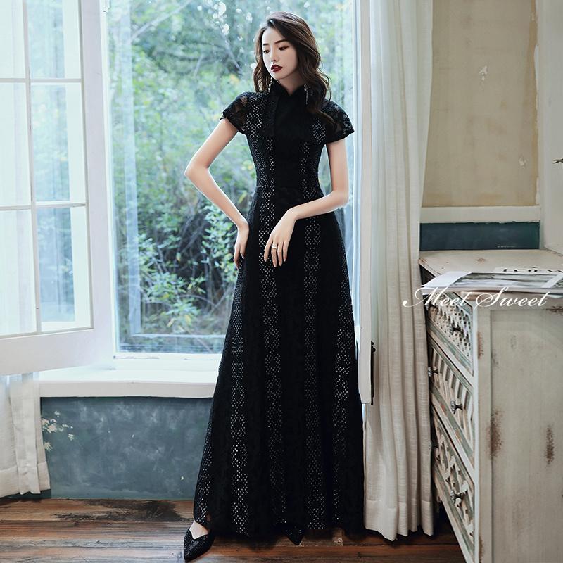 カラードレス ロングドレス ブラック 総レース 黒 ハイネック