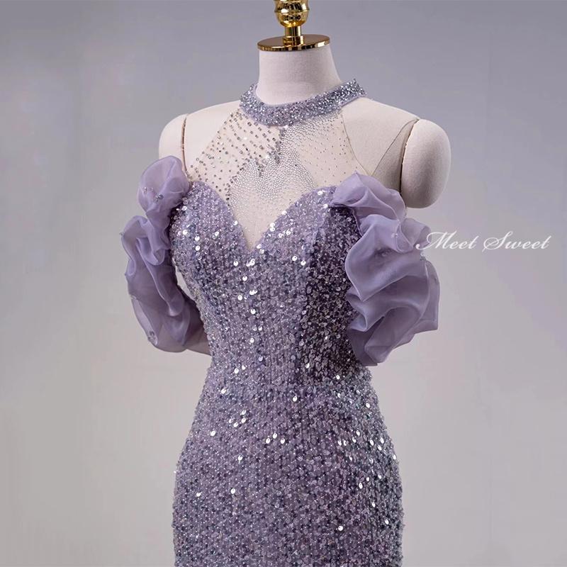 高級 コンテストドレス マーメイド/パーティ/スパンコール 紫