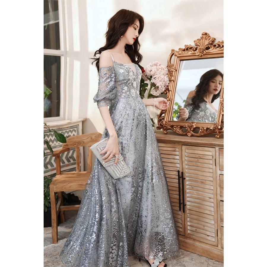 カラードレス 編み上げ グレー キラキラ 袖付き 袖あり パーティー