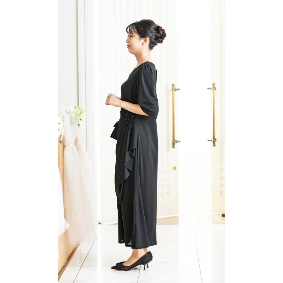 結婚式 母親 五分袖 ブラック ロングドレス 黒 マザードレス