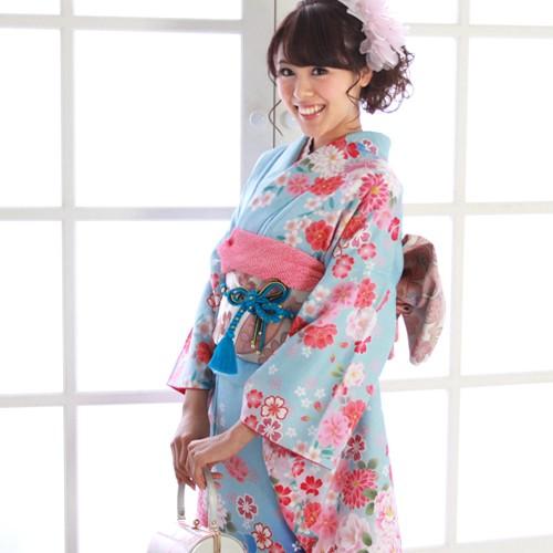 振袖 レンタル 成人式 セット 20点フルセット 「青 水色 ピンク 牡丹