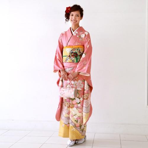 振袖レンタル 成人式20点フルセット 「ピンク 桜 菊 牡丹 鹿の子」成人