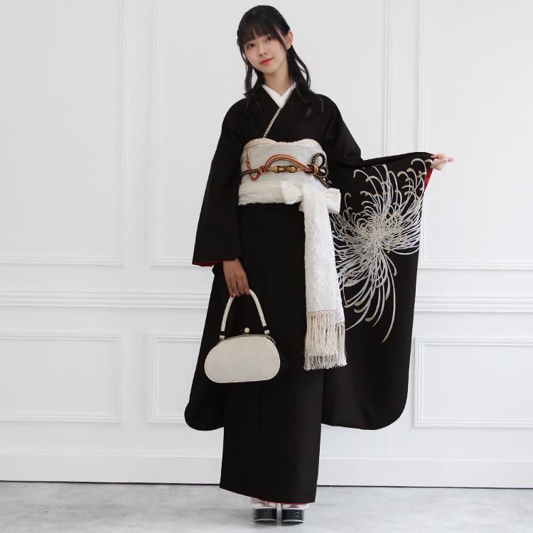 黒地モノトーン乱菊と薔薇のシックな振袖フルセット